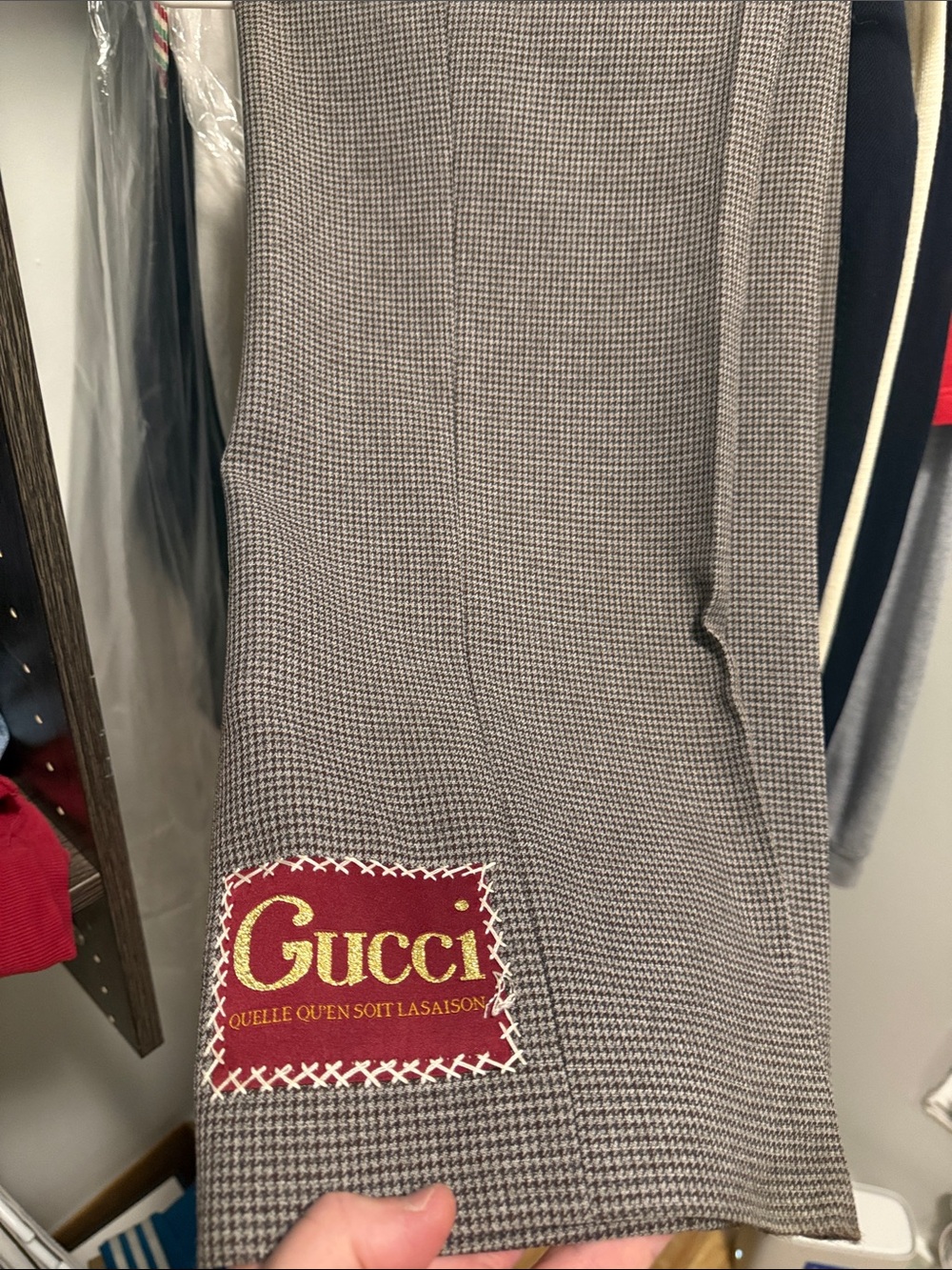Gucci Brown Houndstooth Trousers with Red Patch
